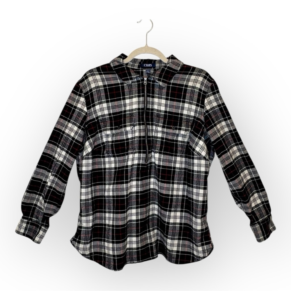 Chaps Black White Plaid Zip Front Flannel Shirt Classic Preppy Cabincore 1X